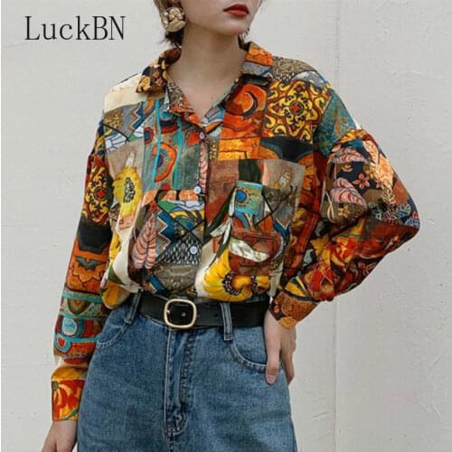 Women Retro Sunflower Print Shirt Oil Painting Print Design Blouse Girl Loose Lapel Tops and Blouses Autumn Female 2020 New