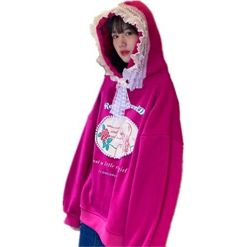 2021 Spring Women Vintage Retro Hoodie Sweet Cartoon Flower Rose Girl Print Streetwear Stitch Ruffle Lace Edge Hooded Sweatshirt