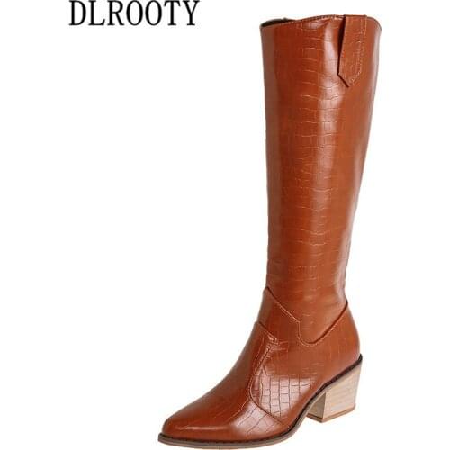 Women Boots Mid-Calf High Heeled Female Casual Shoes Woman Fashion Slip On Pointed Toe Plus Size 35-42 Comfortable