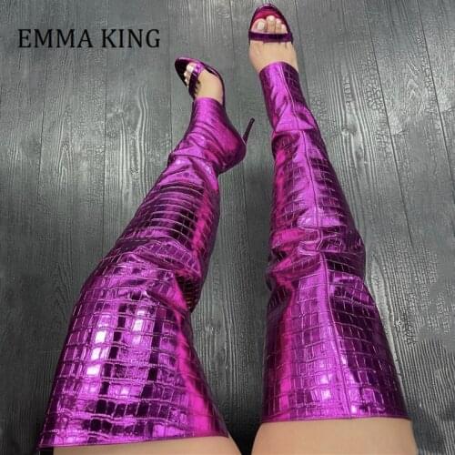 Spring Women Over the Knee High Boots Metallic Leather Stiletto Heels Sandals Boots Open Toe Female Runway Banquet Botas 2021