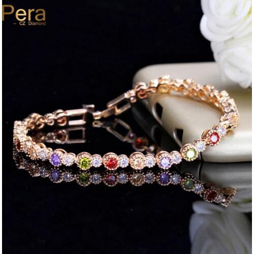 Pera Fashion Ladies Milti Color Paved Connected Round Cubic Zirconia Rose Gold Color Bracelet For Bridesmaid Jewelry Gift B129