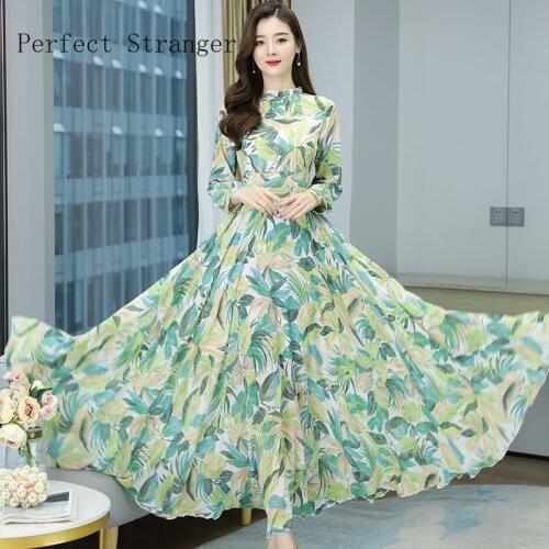2021 Spring Summer New Arrival Plus Size S-4XL Stand Collar Flower Printed Long Sleeve Women Chiffon Long Dress