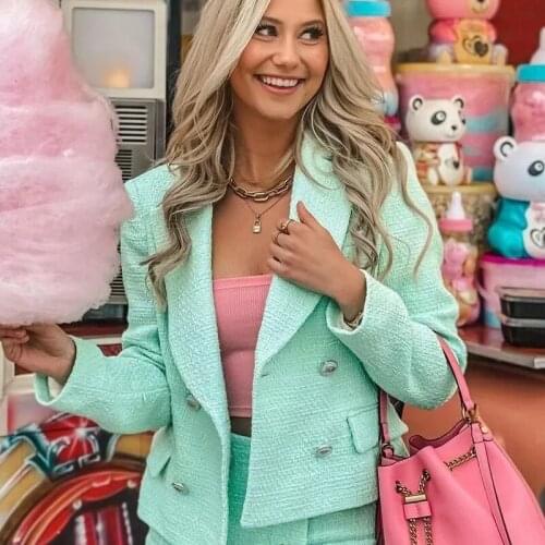 Foridol Tweed Short Blazer Coat Jackets Autumn Winter Women Green Knitted Coat Office Ladies Vintage Cropped Coat Chaqueta Femme