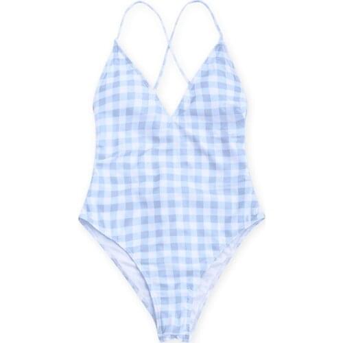 2019 Sexy Women Plaid Shown Cleavage Backless Padded Wireless One Piece Swimsuit Bathing Suit