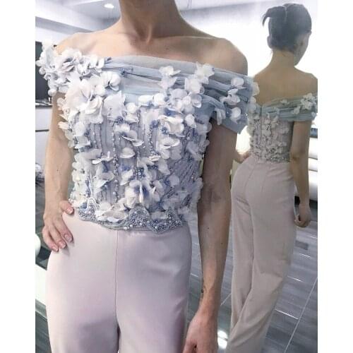 2020 New Jumpsuits Prom Dresses Off The Shoulder Flower Appliqued Beads Arabic Long Formal Dress Evening Gowns Floor Length Robe De Soiree