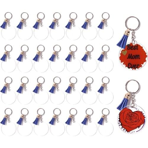 48/72/90Pcs Acrylic Clear Circle Discs Keychain Set Round Acrylic Keychain Blank Leather Tassel Pendant Jump Rings Party Favors