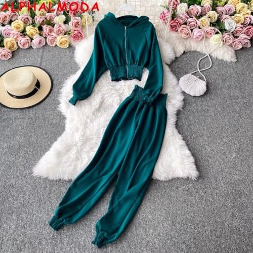 ALPHALMODA Casual Sports Suit Autumn New Long Sleeve Short Hooded Sweater + High Waist Trousers Women 2pcs Fashion Suit