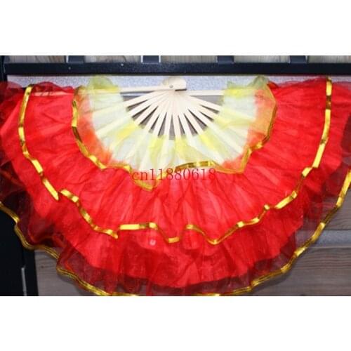 50pcs/lot Free shipping 3 layer golden edge Hand Made Belly Dance Dancing Silk Bamboo Fans Red pink colors