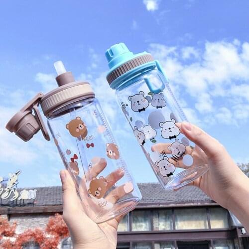 Water bottle cute bear pattern with scale student outdoor sports creative fun portable leak-proof straw transparent glass