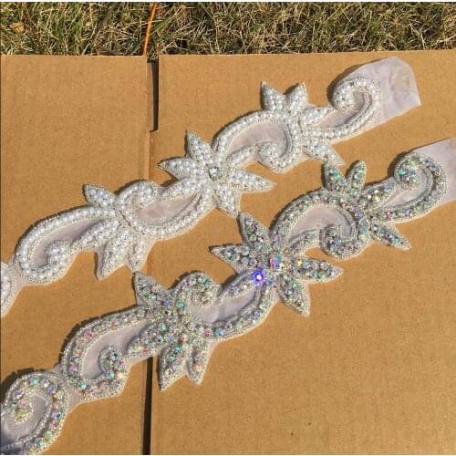 Long flower bridal pearl trims AB crystal applique for dress waist decoration DIY glue-on strasses for boots hats ornaments