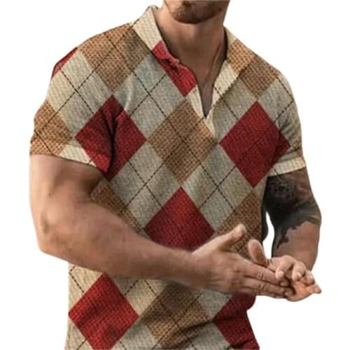 Turn-down Collar Men T-shirt Plaid Print Thin Buttons Short Sleeve Summer Shirt Streetwear Stitching Tops Casual Polo shirt