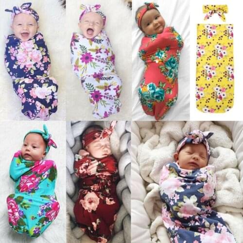 PUDCOCO 2pcs Cotton Infant Flowers Swaddle Muslin Blanket Newborn Baby Wrap Swaddling Blanket Headband 0-6M
