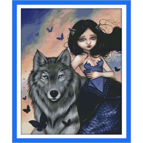 Joy Sunday Cross Stitch Kit Stamped Wolf and Girl Pattern 14CT 11CT Printed Cross Stitch Kit Handmade Embroidery Needlework Set