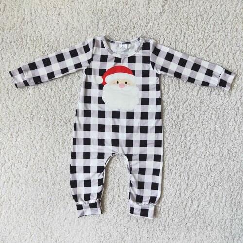 Ready To Ship Toddler Kids Long Sleeve Romper Baby Boy White And Black Plaid Jumpsuit With Santa Merry Christmas Clothes