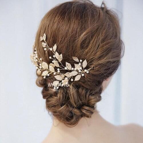 Korean Stylish High-end Gold Leaves Bridal Gowns Beads Wedding Accessories Hair Jewelry Pearl Trimming Hairgrips Ornament XL053