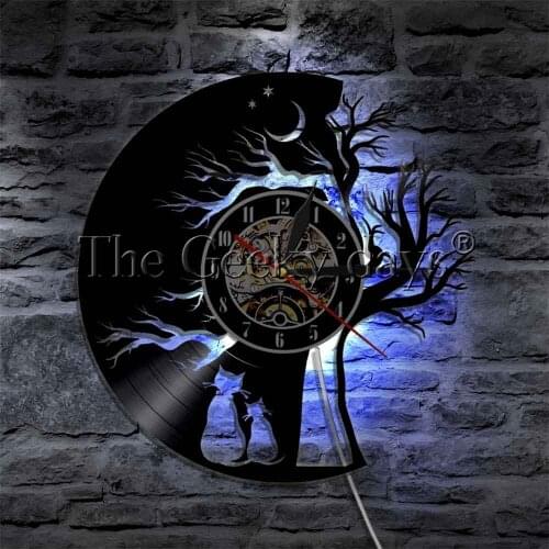 Cats under the Tree Luminous Vinyl Record Wall Clcok with LED illumination Multi Color LED Sign with Remote Control