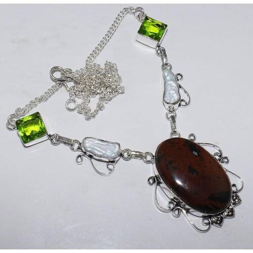Mahogany Obsidian & Peridot Necklace Silver Overlay over Copper , 48.5cm, N0997