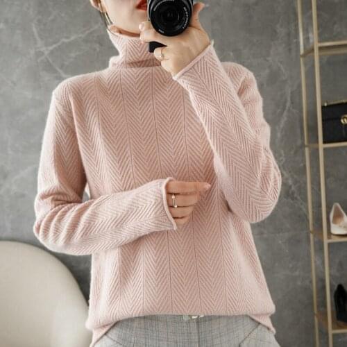 Fashion Turtleneck Ladies 100% Pure Wool Sweater Pure Color Knitted Full Sleeve Pullover Cashmere Sweater New Product Base Shirt