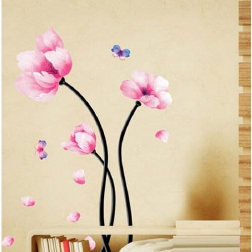 Big Pink Flower Butterfly Wall Stickers For Bedroom Living Room Decoration Diy Plant Wall Mural Art Home Decals