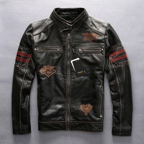 AVIREXFLY 2020 New Mens Black Leather Motorcycle Jacket Man Stand Collar Genuine Short Slim Fit Male Winter Biker Coats