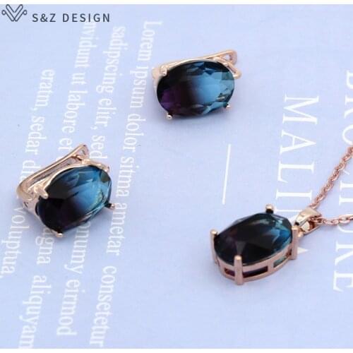 S&Z DESIGN Fashion Egg Shape Oval Imitation Tourmaline Jewelry Set Dangle Earrings Rose Gold Pendant Necklace For Women Jewelry