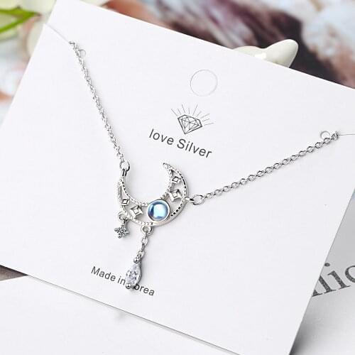 925 Sterling Silver Necklaces For Women Crystal Tassel Star Moon Charm Necklaces & Pendants Statement Jewelry Collar DZ848