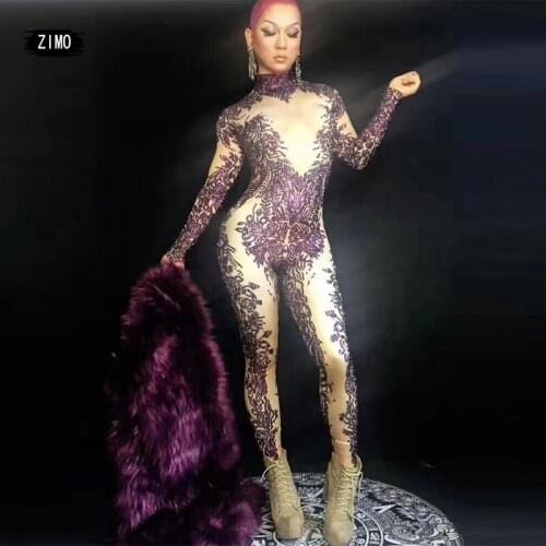 Sexy Purple Rhinestone Dress Jumpsuit Women Stretch Slimming Party Nightclub Jazz Singer Designer Dance Costume Festival Outfit