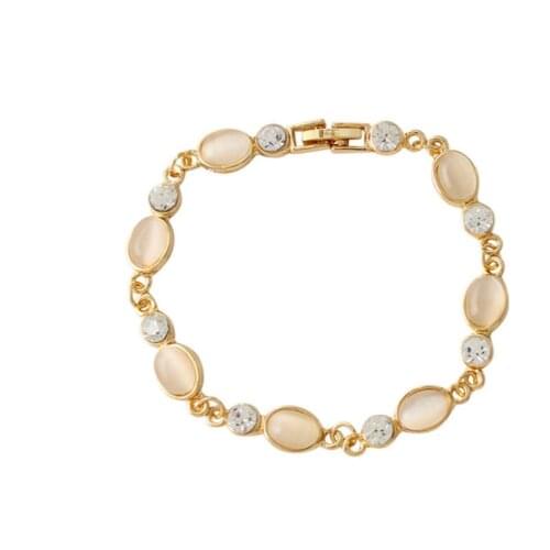 Light Yellow Gold Color Stackable Oval Shape Cat Eye Stone Link Chain Bracelet with Rhinestone Jewelry