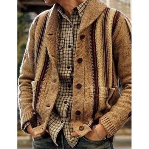 Sweater Men V-Neck Button Warm Knitted Slim Fit Coat Cardigan Striped Sweater Male Autumn Vintage Casual Tops