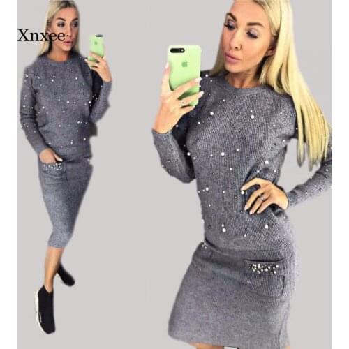 Womens Sweater Casual Suit New Winter O-Neck Office Ladies Knitted Pure Color Pullover Beaded Elastic Waist Skirt