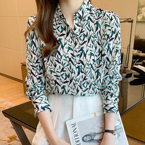 2021 Spring Autumn Branches Leaves Printed All Match Women Blouse And Shirts Straight Office Work Wear Dress Shirts Green