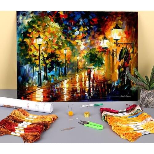 Oil Style Downtown Pre-Printed 11CT Cross Stitch DIY Embroidery Complete Kit DMC Threads Handiwork Hobby Jewelry