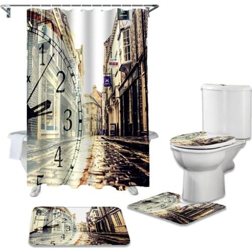 Bathroom Shower Curtain and Rug Sets Clock Retro Street Toilet Lid Cover Bath Mat Waterproof Shower Curtains Set