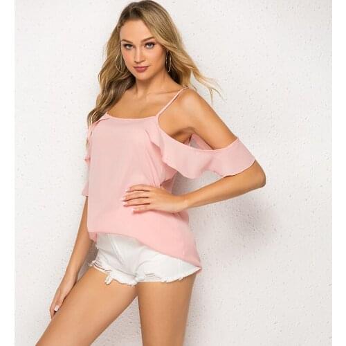 Ladies Casual Loose Solid Color Shirts Pink / Black Ruffled Sleeve Strap Chiffon Shirt Women Clothing High Quality