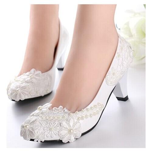 Plus size 40 41 42 women wedding shoes white lace light ivory handmade brides pumps shoes lady bridesmaid proms dress shoe