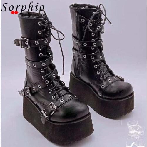 Female Boots For Women Autumn Punk Goth Platform Wedges Buckle Strap Fashion Lace Up Brand Design Winter Med Calf Womens Shoes