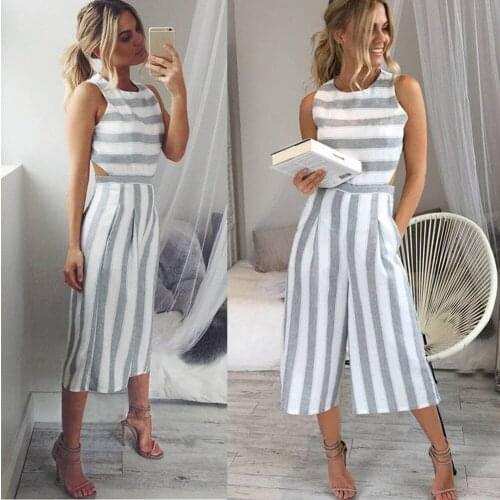 Women Casual Sleeveless Striped Jumpsuit Romper Clubwear Wide Leg Pants Outfits Summer Sleeveless Leotard
