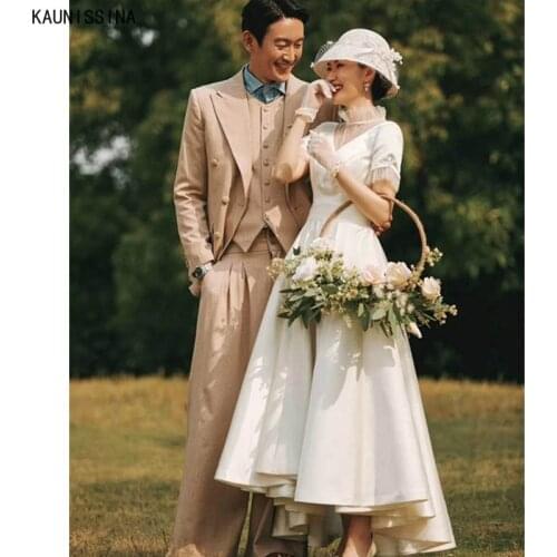 KAUNISSINA Simple A Line Satin Wedding Dresses High Neck Short Sleeves Bohemian Princess Bridal Dress Elegant Robe de mariee