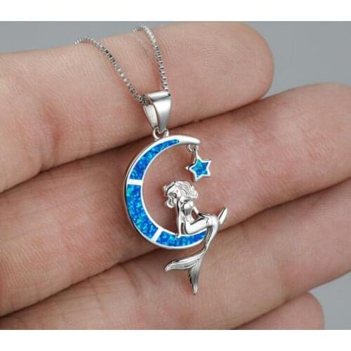 Fashion Blue Imitation Opal Pendant Necklace Wedding Jewelry Accessories Cute Mermaid Star Moon Pendant Necklace for Women