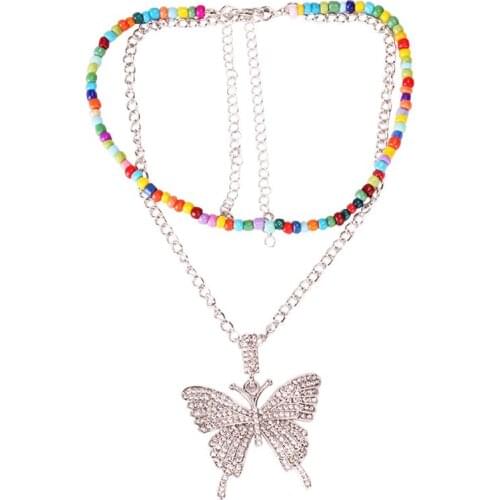 2020 Women Necklace Fashion Rhinestone Butterfly Bead Necklace Chain Necklaces Pendants for Women Multi Layer Jewelry Collar