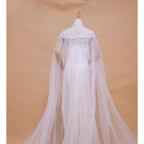 ZMG24 White Lace Bolero for Women Cape Veil Lace Organza Flower Long Wedding Capes Bridal Wraps 300cm Long Train Shawls Cloak