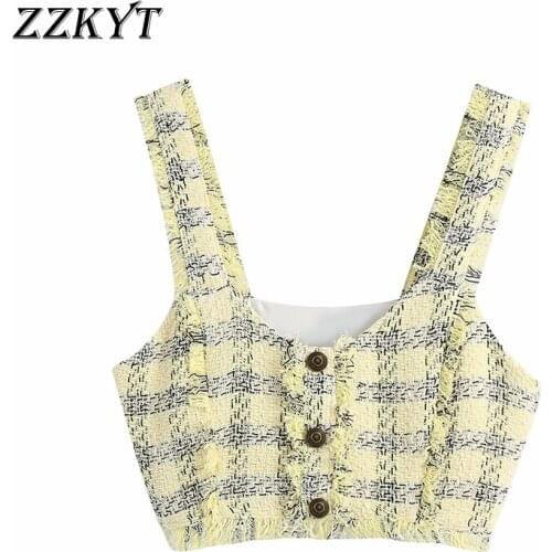 ZZKYT 2021 Women Summer Fashion Plaid Single Breasted Cropped Tank Tops Vintage V-Neck Sleeveless Backless Female Casual Tops