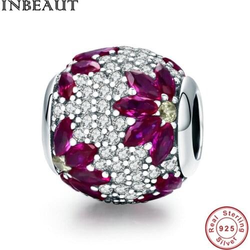 INBEAUT Real 925 Sterling Silver Round Zircon Stones Wine Red Falling Flower Cubic Zirconia Beads fit Brand Bracelet for Women