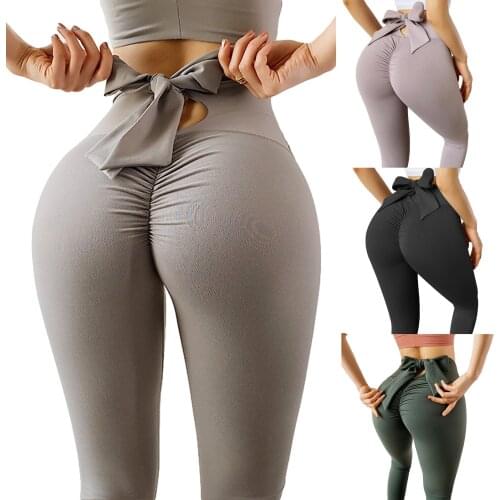 Fashion Female Bowknot Trousers, Solid Color Elastic High Waist Pants Yoga Pants for Summer Fall, Pink/Gray/Black/Green