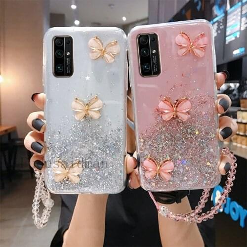 Butterfly Glitter Wrist Lanyard Phone Case For Huawei Honor 9A 9S 9C 9X 30i 20E 30 Pro V20 20 10 Lite 10i 8X 8A 7X 7A Pro Cover