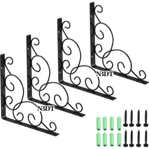 4Pcs Black Floating Shelf Brackets Wall-mounted Hanging Vine Pattern Rustic Rural