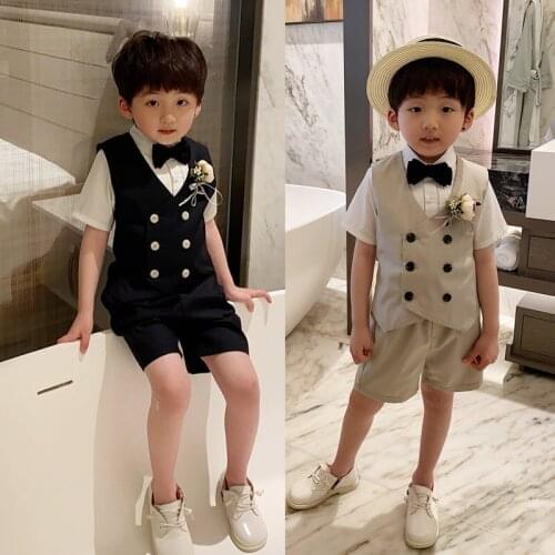 2-8 Y Baby Boys Wedding Clothing Set 2021 Summer New Kids Performance Suit Solid Vest Shorts 2pcs for Boys Child Party Clothes