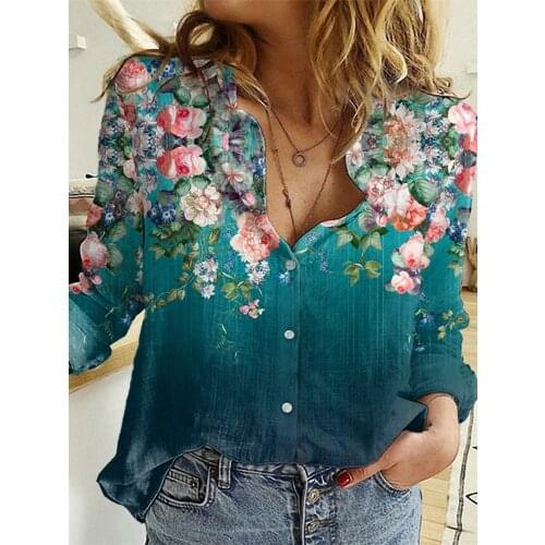 Elegant Floral Print Green Shirt Women Blouse 2021 Autumn Casual Lapel Long Sleeve Button Cardigan Fashion Female Street Tops