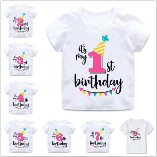 Baby Boys Girls Happy Birthday Letter Number 1-9 Print T Shirt Summer Children White Cute T-shirt Kids Birthday Present Clothes