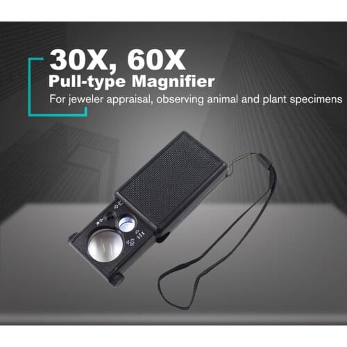 30X 60X Pull-type Jewelry Magnifier Mini Pocket Hand Magnifying Glass Portable Microscope Loupe Optical Lens Tool LED Light